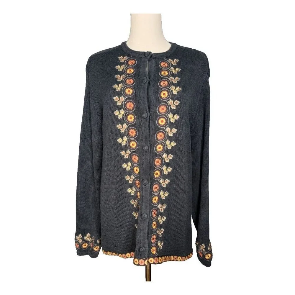 Vtg Bechamel Womens L Black Knit Embroidered Autum Leave Floral Button Cardigan